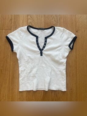 Brandy Melville White & Navy Blue Ringer Button Henley Short Sleeve T-Shirt Top